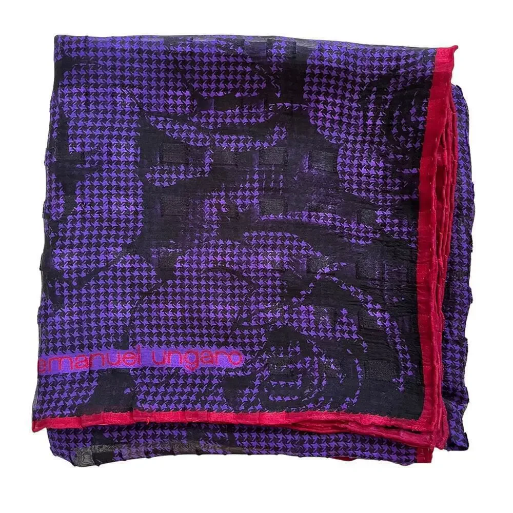 Vintage Emanuel Ungaro Purple Houndstooth Silk Chiffon Burnout Square Scarf